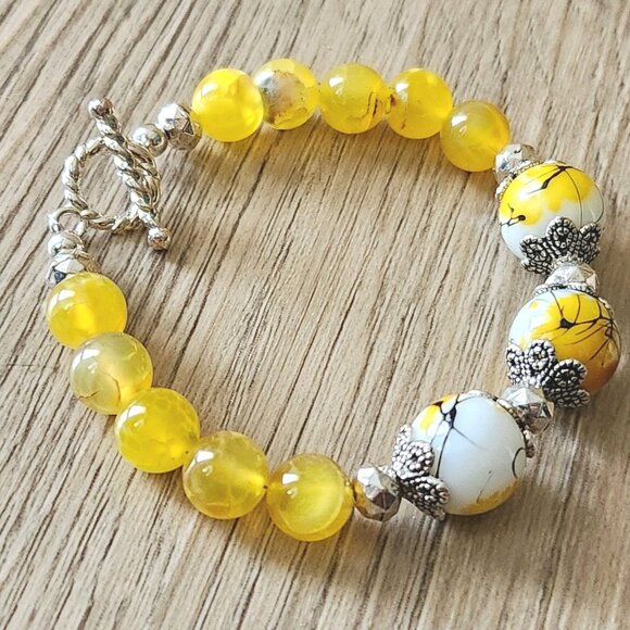 Yellow Fire Agate Bracelet Glass Focal Semi Precious Stone 7"Handmade D NWOT - Picture 5 of 8